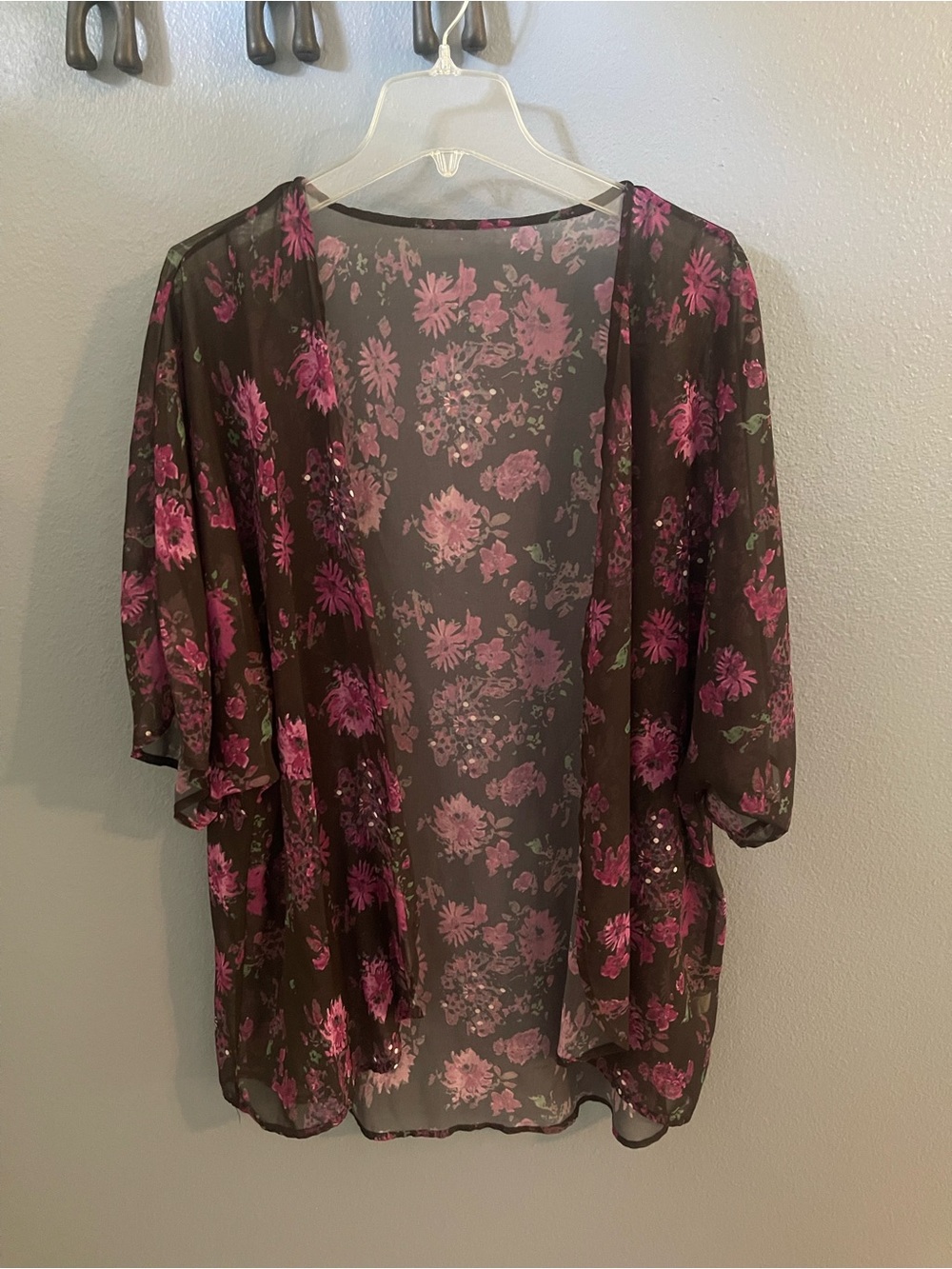 Floral Sheer Kimono Cardigan - Pink on Black